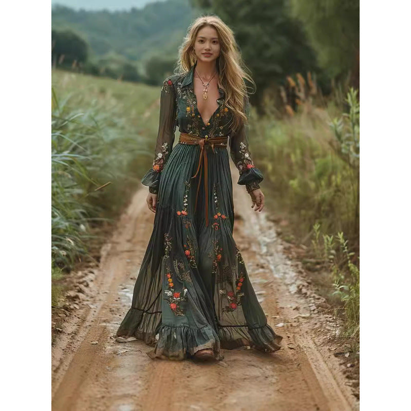 Boho Maxi Dress | Embroidered | V Neck | Long Sleeve-Fashion Nora