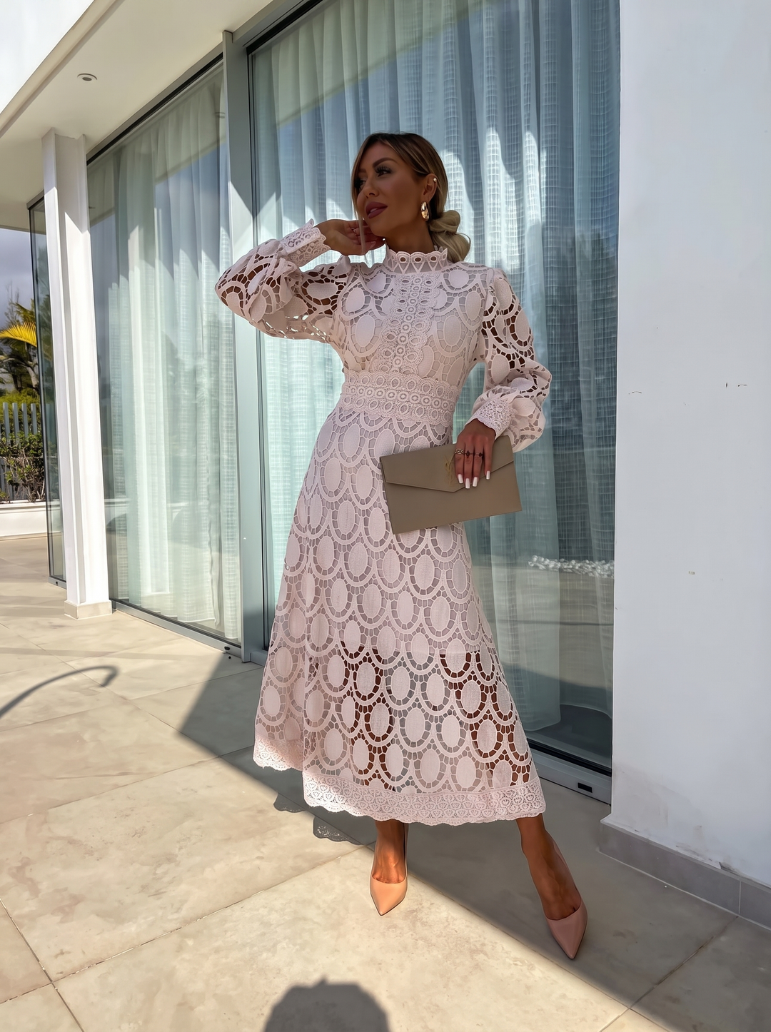 Women's apricot long sleeve high neck lace bodycon maxi dress