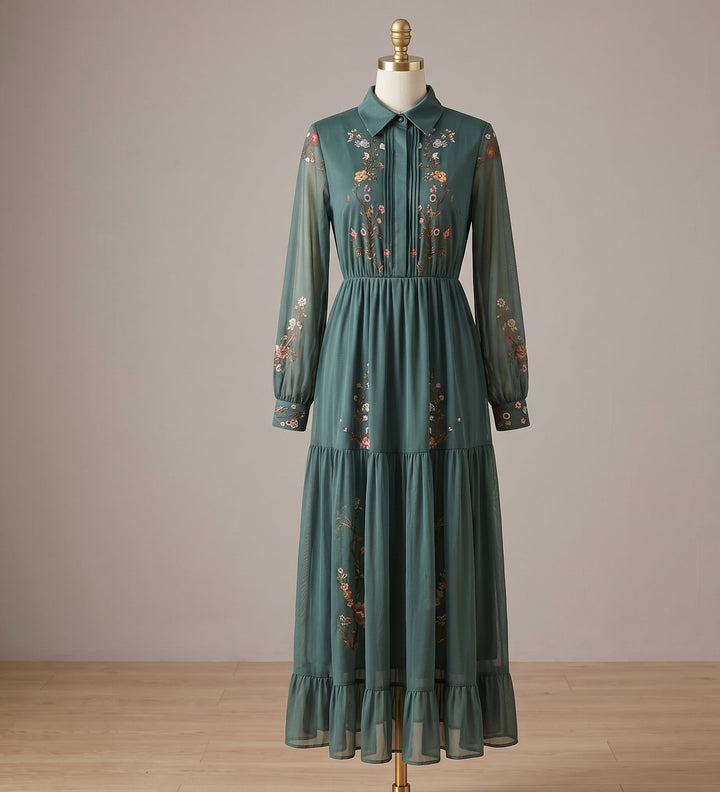 Boho Maxi Dress | Embroidered | V Neck | Long Sleeve-Fashion Nora