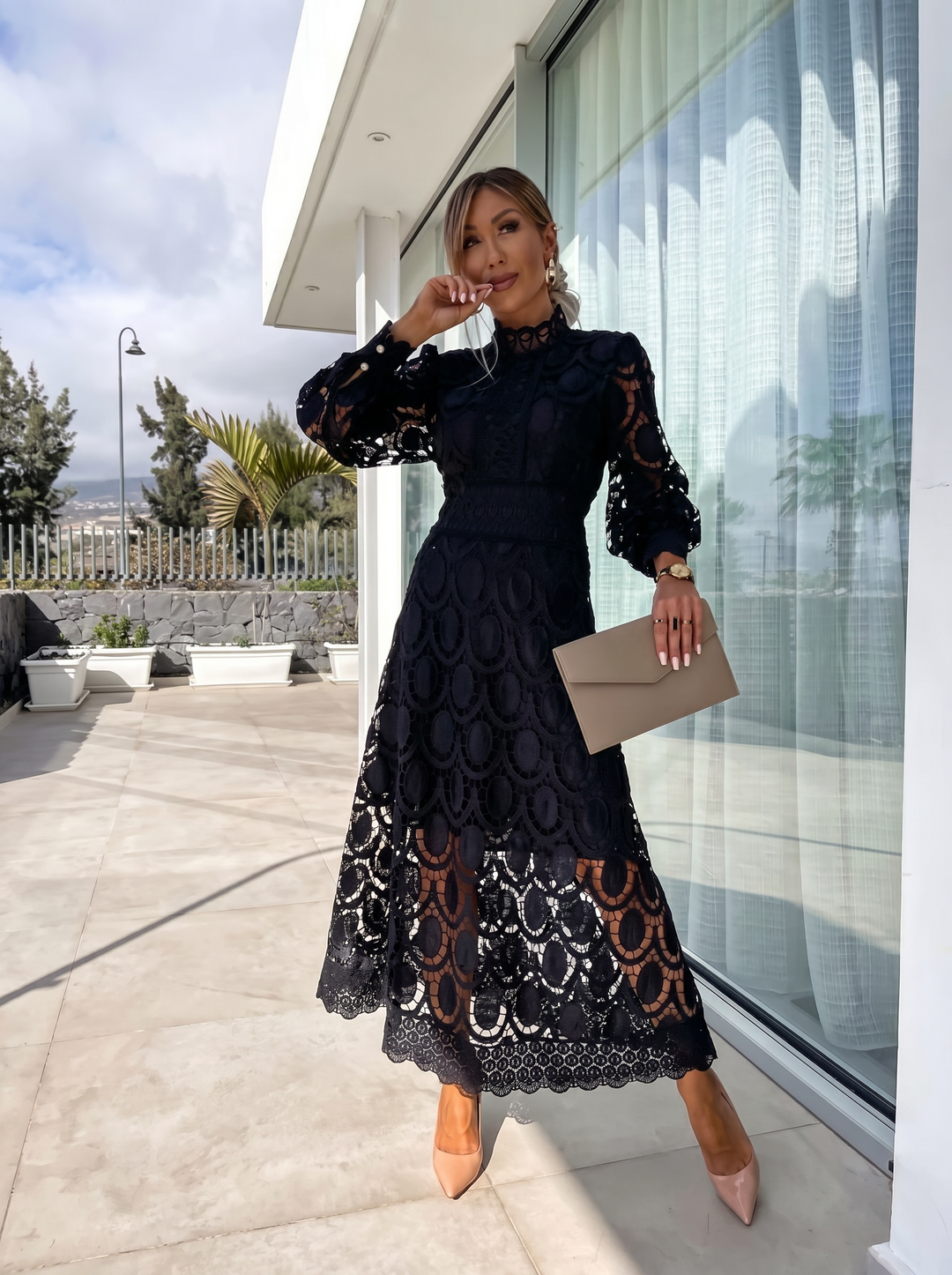 Women's black long sleeve high neck lace bodycon maxi dress