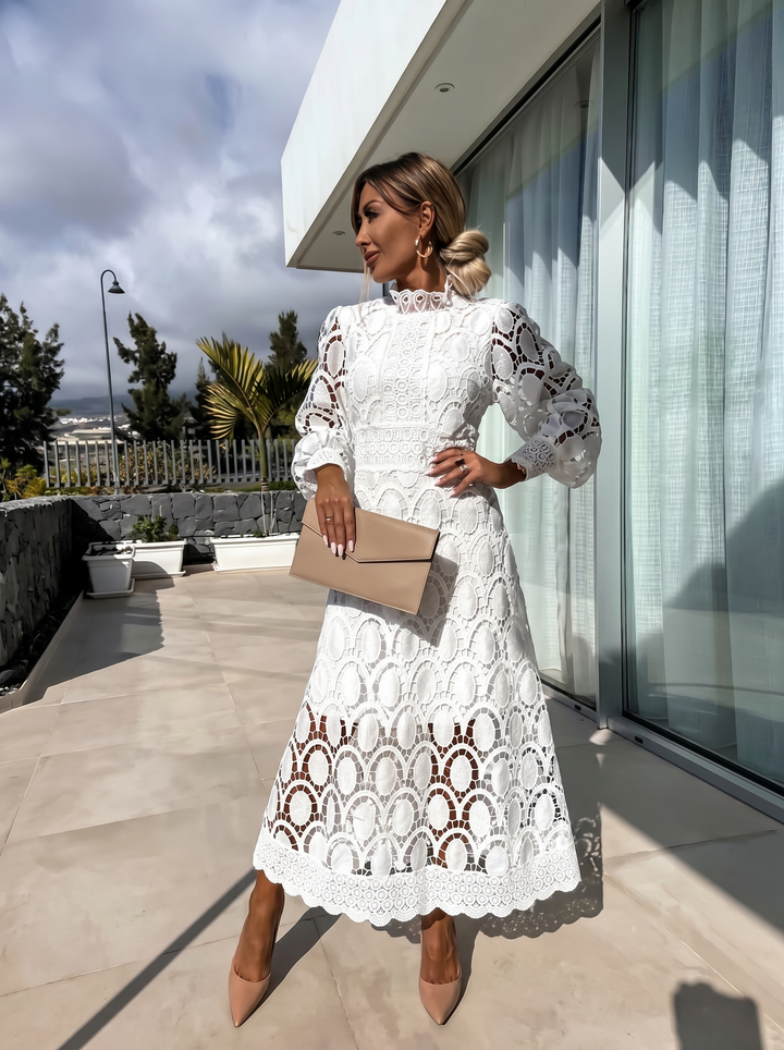 Women's white long sleeve high neck lace bodycon maxi dress