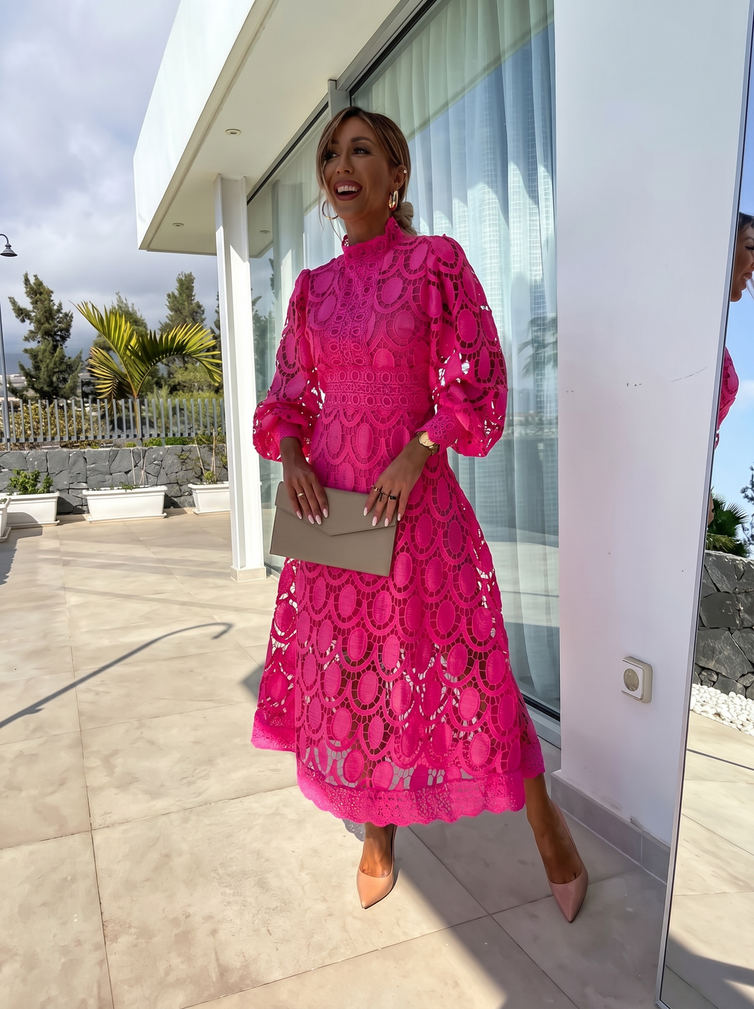 Women's pink long sleeve high neck lace bodycon maxi dress