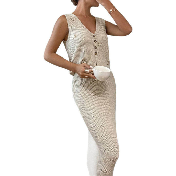 2-Piece Knit Set | V-Neck Sleeveless Top | Floral Button Detail | Long Skirt-Fashion Nora