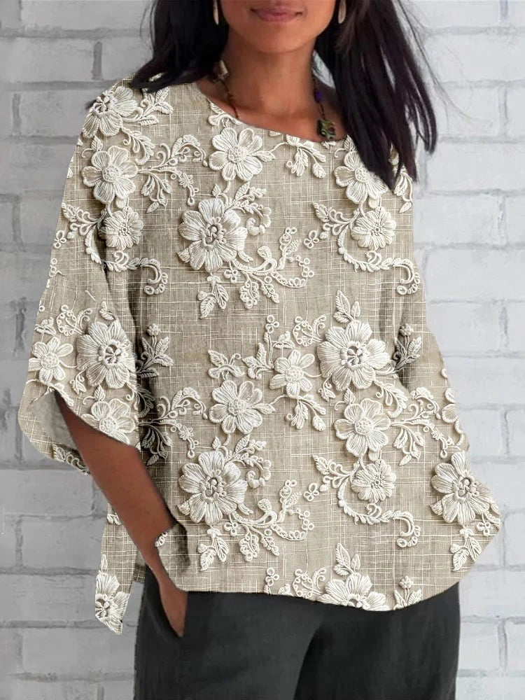 3/4 Sleeve Top | Floral Embroidery | Round Neck | Plus Size-Fashion Nora