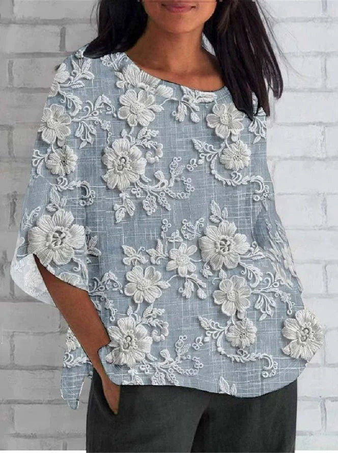 3/4 Sleeve Top | Floral Embroidery | Round Neck | Plus Size-Fashion Nora