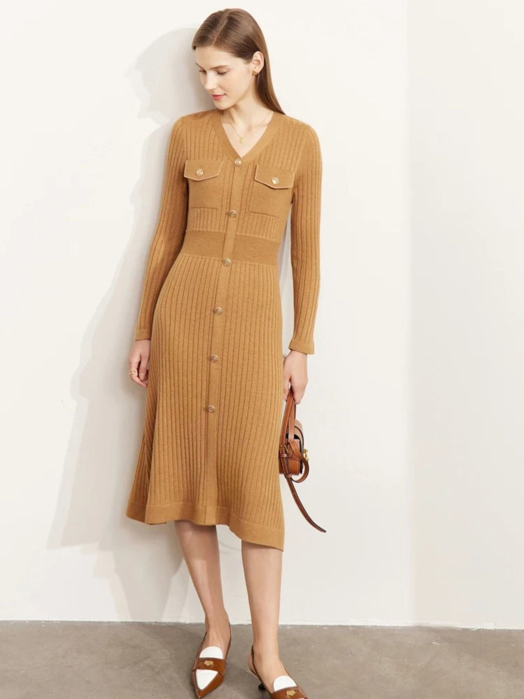 A-Line Knit Dress | V-Neck | Button Detail | Long Sleeve-Fashion Nora