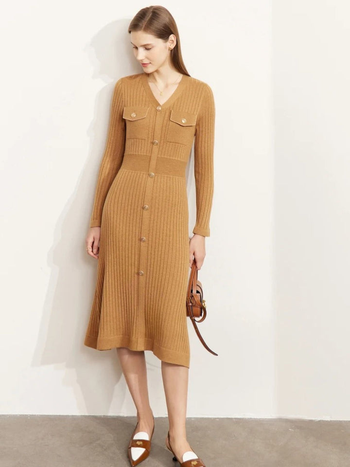 A-Line Knit Dress | V-Neck | Button Detail | Long Sleeve-Fashion Nora