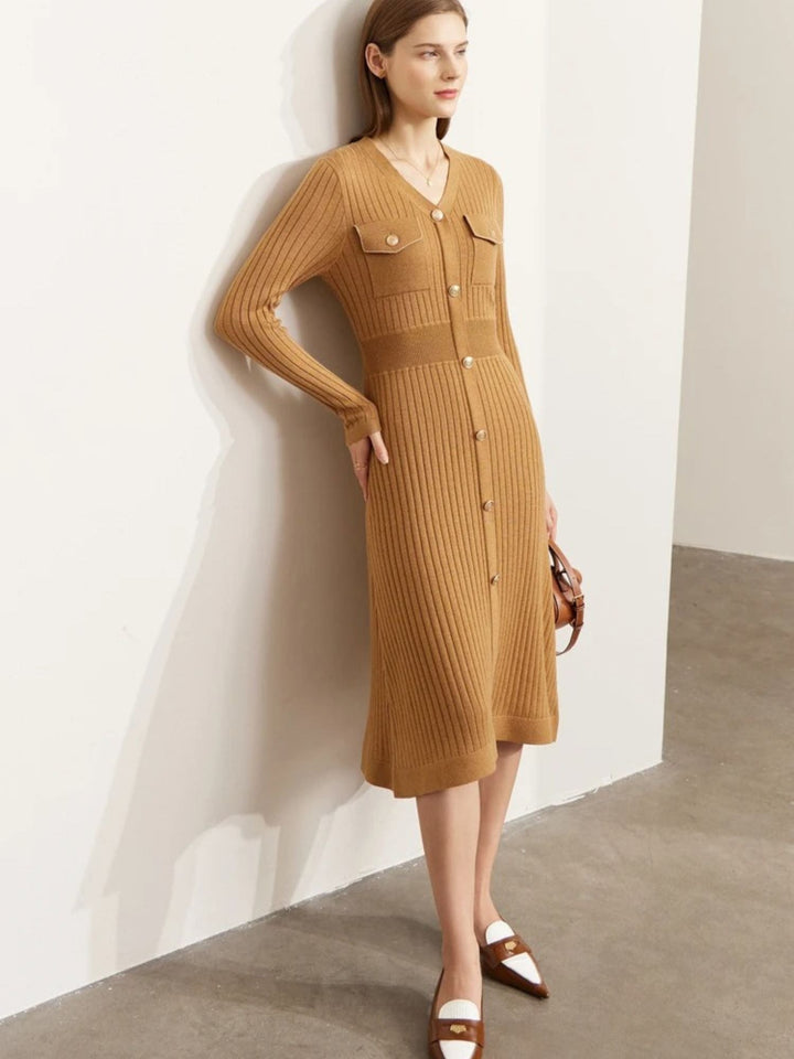 A-Line Knit Dress | V-Neck | Button Detail | Long Sleeve-Fashion Nora