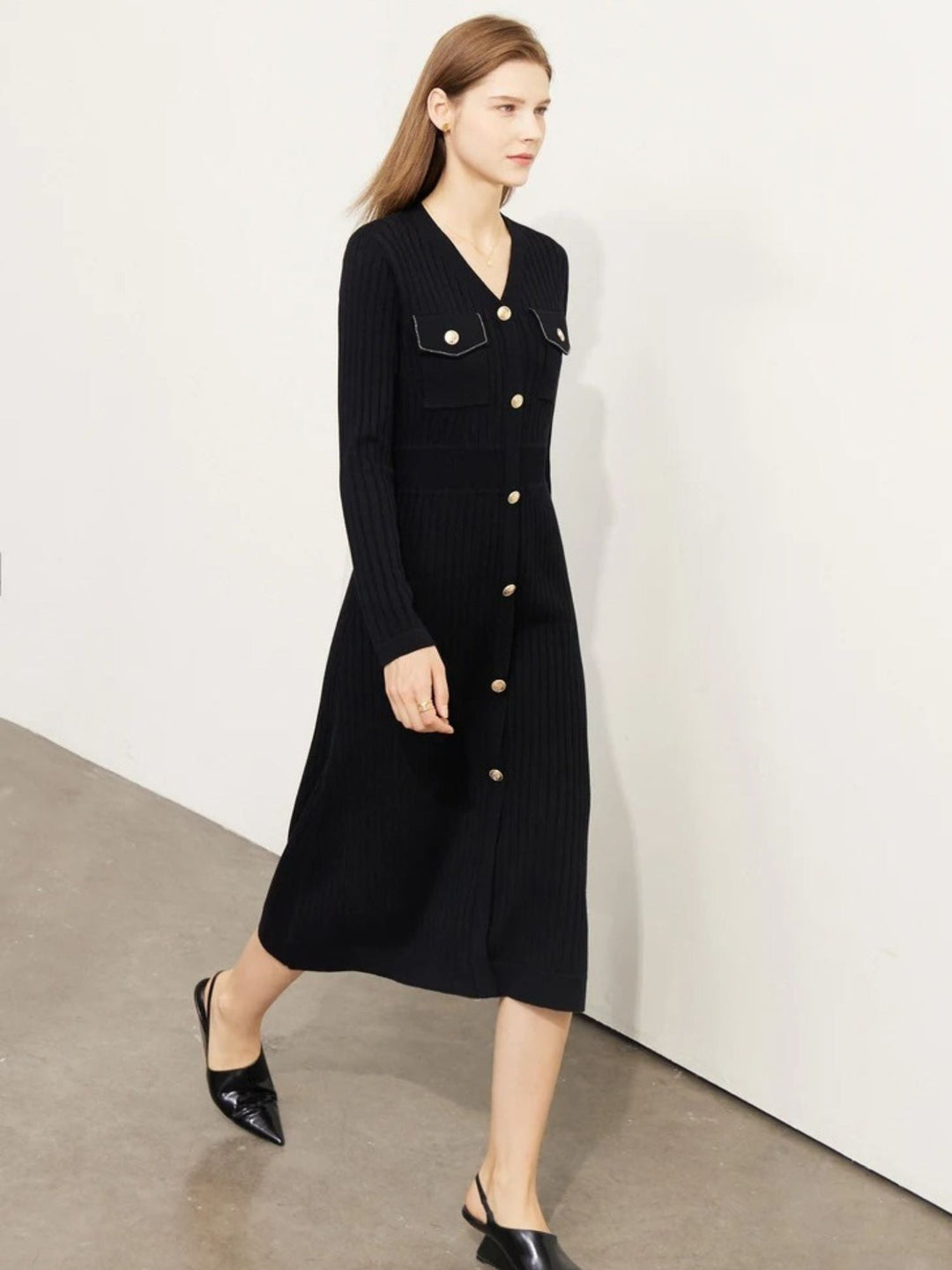 A-Line Knit Dress | V-Neck | Button Detail | Long Sleeve-Fashion Nora