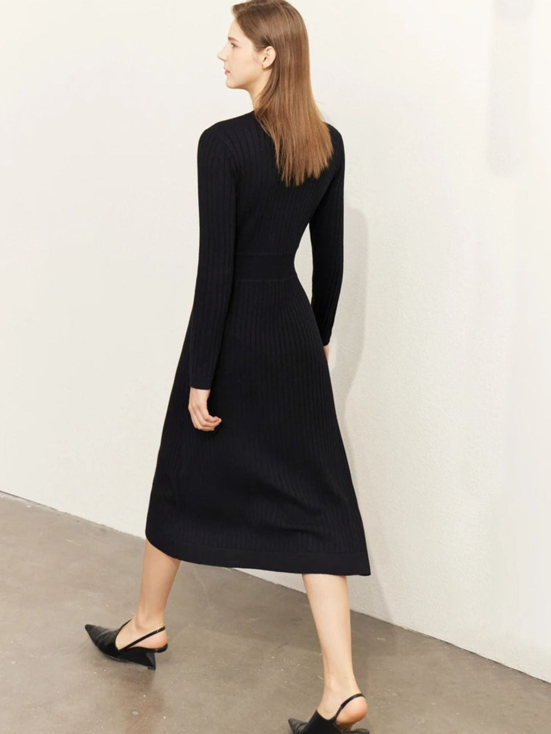 A-Line Knit Dress | V-Neck | Button Placket | Calf Length-Fashion Nora