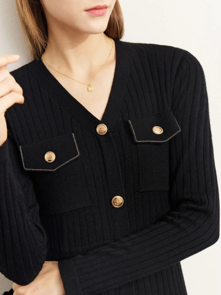 A-Line Knit Dress | V-Neck | Button Placket | Calf Length-Fashion Nora