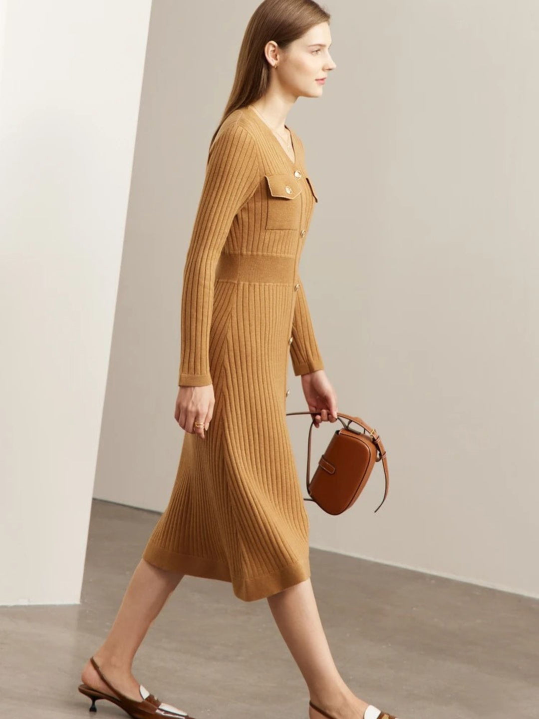 A-Line Knit Dress | V-Neck | Button Placket | Calf Length-Fashion Nora