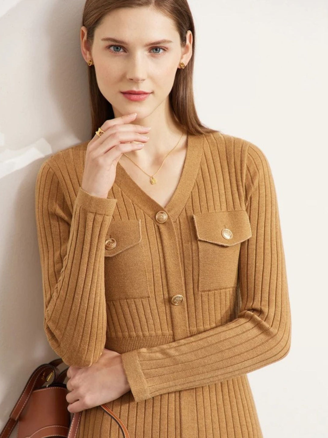 A-Line Knit Dress | V-Neck | Button Placket | Calf Length-Fashion Nora