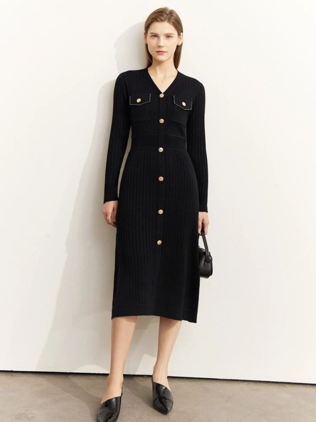 A-Line Knit Dress | V-Neck | Button Placket | Calf Length-Fashion Nora