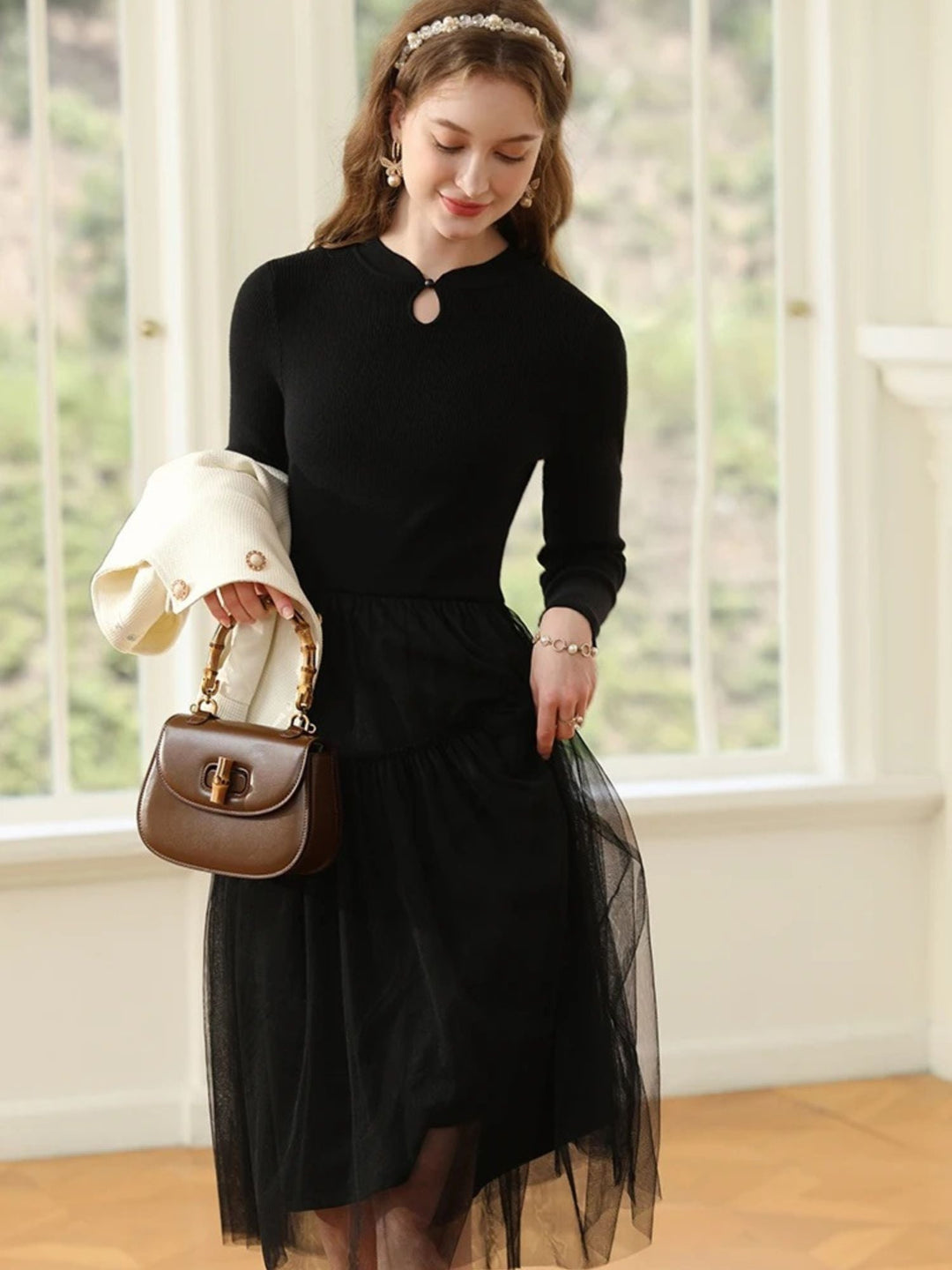 A-Line Patchwork Dress | Ribbed Knit Bodice | Tiered Tulle Skirt | Keyhole Neckline-Fashion Nora