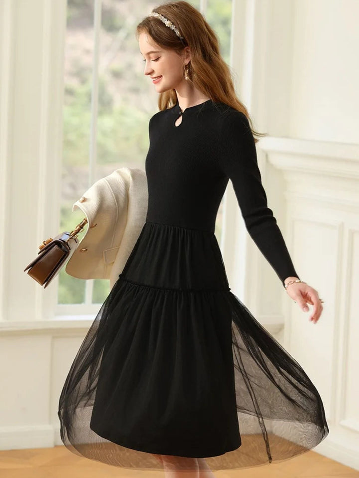 A-Line Patchwork Dress | Ribbed Knit Bodice | Tiered Tulle Skirt | Keyhole Neckline-Fashion Nora
