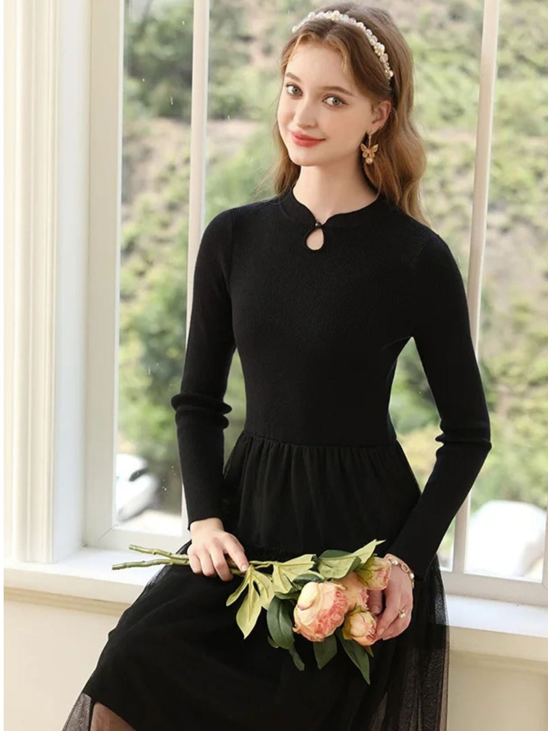 A-Line Patchwork Dress | Ribbed Knit Bodice | Tiered Tulle Skirt | Keyhole Neckline-Fashion Nora