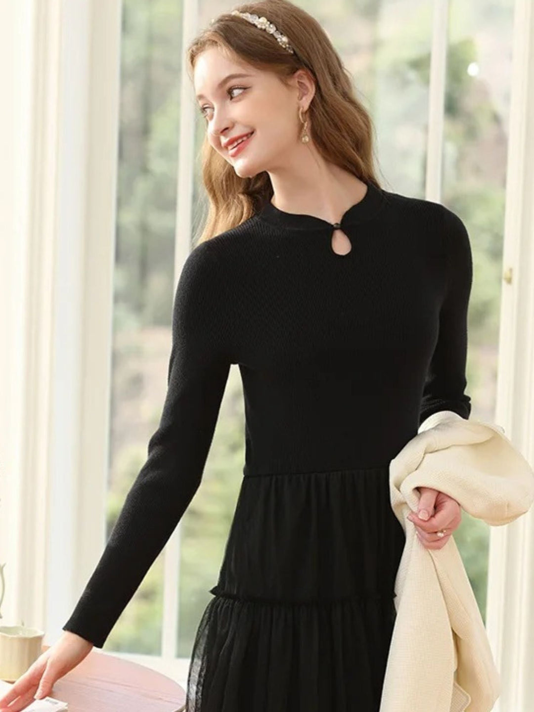 A-Line Patchwork Dress | Ribbed Knit Bodice | Tiered Tulle Skirt | Keyhole Neckline-Fashion Nora