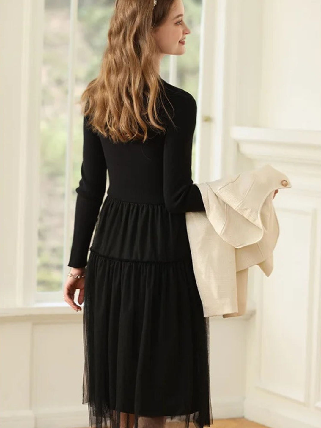 A-Line Patchwork Dress | Ribbed Knit Bodice | Tiered Tulle Skirt | Keyhole Neckline-Fashion Nora