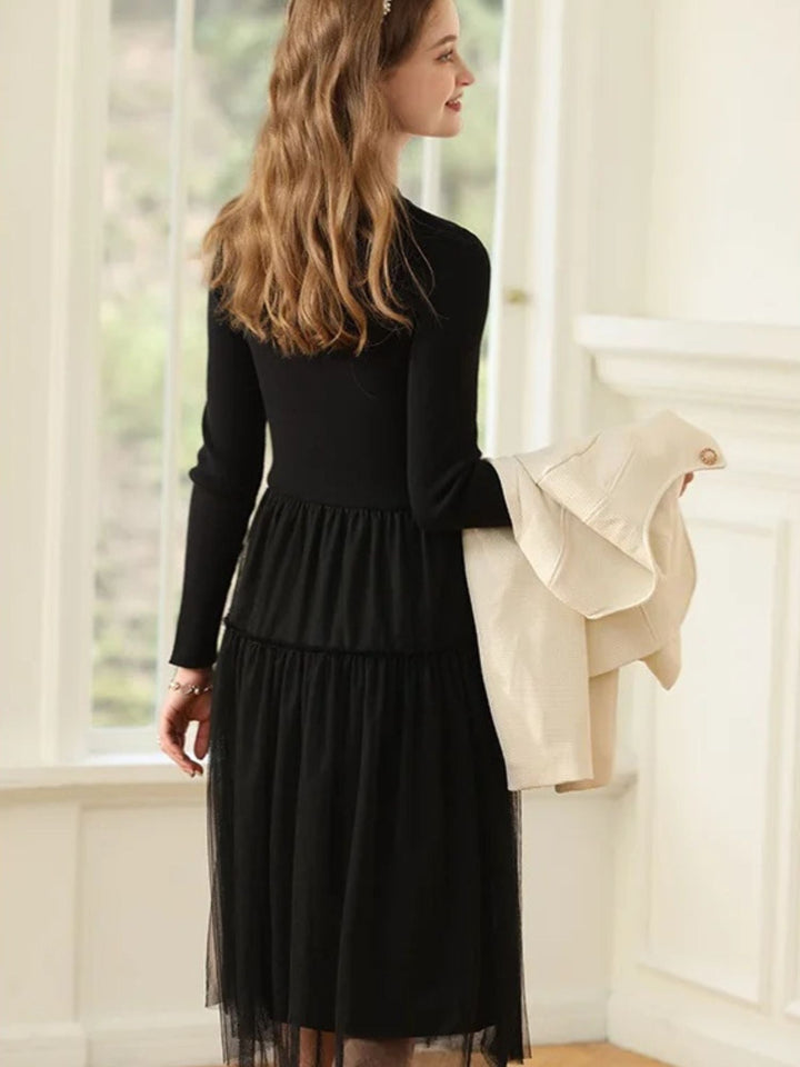 A-Line Patchwork Dress | Ribbed Knit Bodice | Tiered Tulle Skirt | Keyhole Neckline-Fashion Nora
