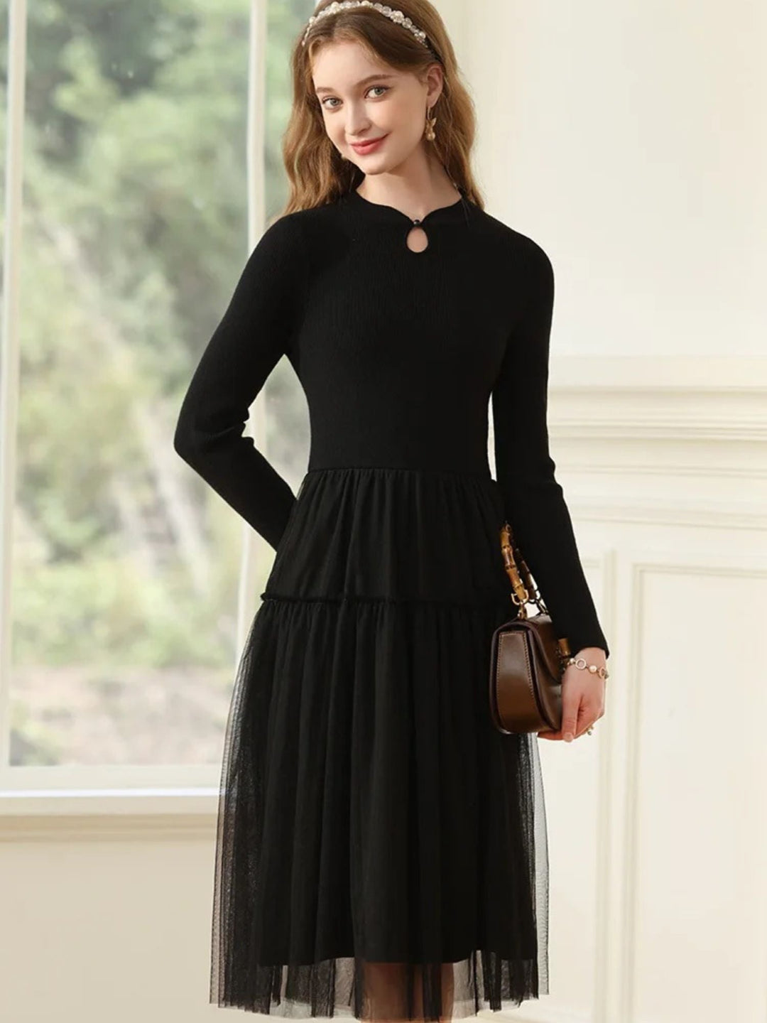 A-Line Patchwork Dress | Ribbed Knit Bodice | Tiered Tulle Skirt | Keyhole Neckline-Fashion Nora