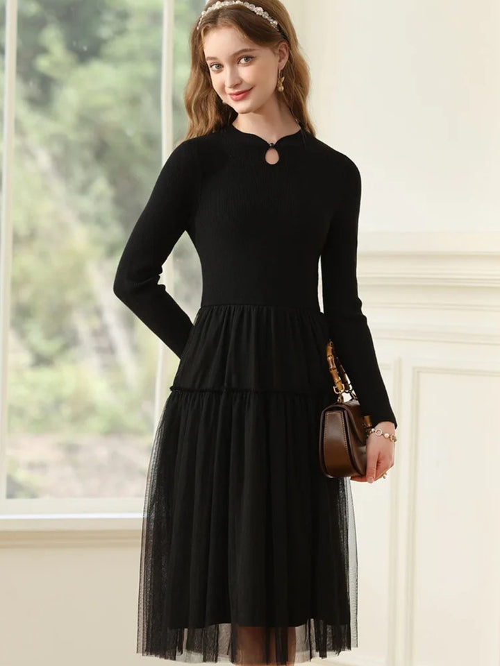 A-Line Patchwork Dress | Ribbed Knit Bodice | Tiered Tulle Skirt | Keyhole Neckline-Fashion Nora