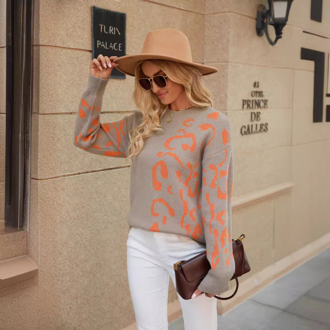 Animal Print Knit Sweater | Casual Fit | Soft Winter Jumper-Fashion Nora