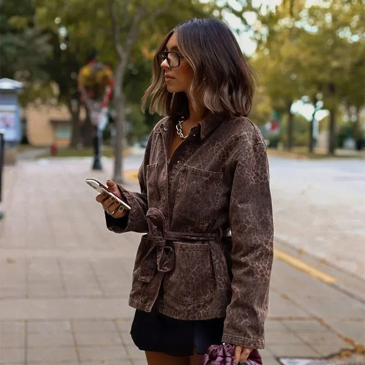 Animal Print Utility Jacket | Belted Cotton Blend | Chest Pockets-Fashion Nora