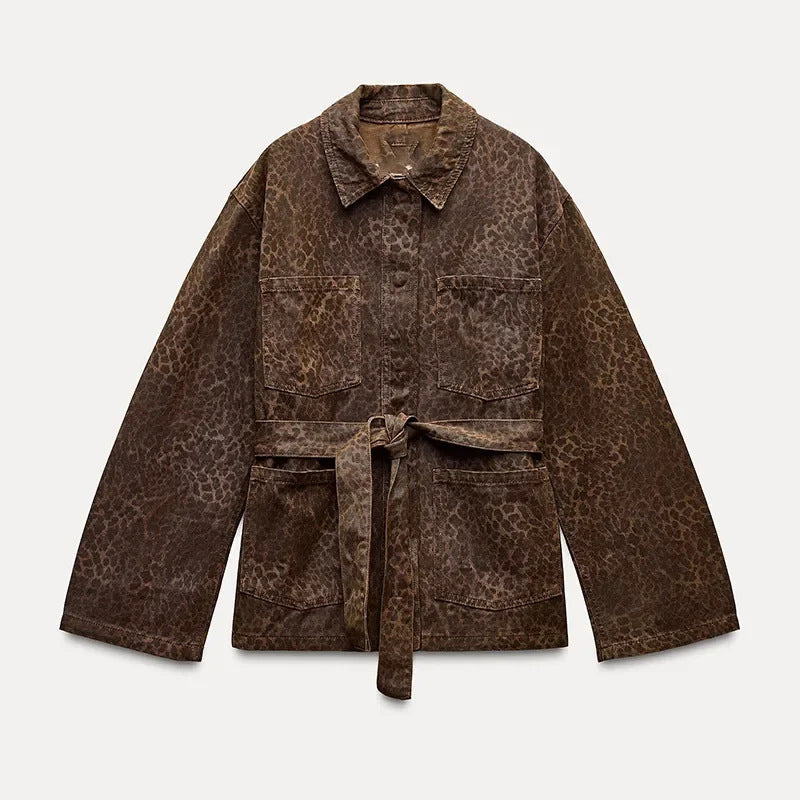 Animal Print Utility Jacket | Belted Cotton Blend | Chest Pockets-Fashion Nora