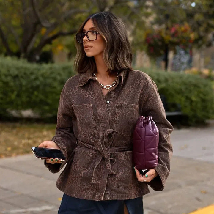 Animal Print Utility Jacket | Belted Cotton Blend | Chest Pockets-Fashion Nora