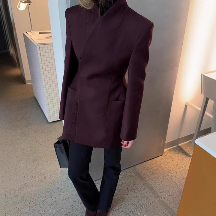 Asymmetric Blazer | Waisted Cut | Large Patch Pockets Jacket-Fashion Nora
