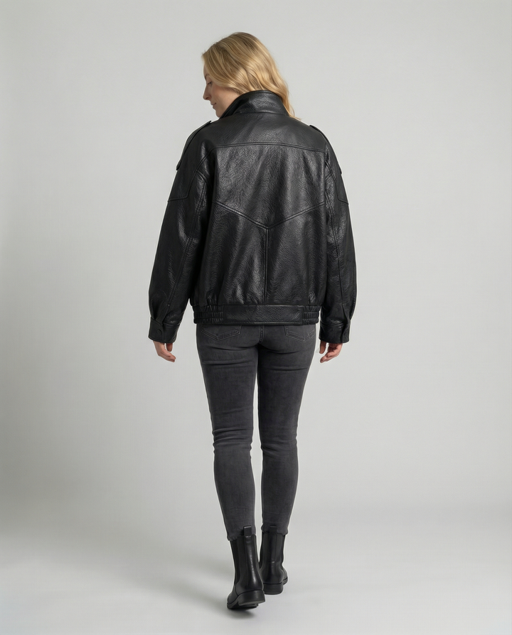 Asymmetric Vegan Leather Jacket | Zip Closure | Relaxed Fit-Fashion Nora