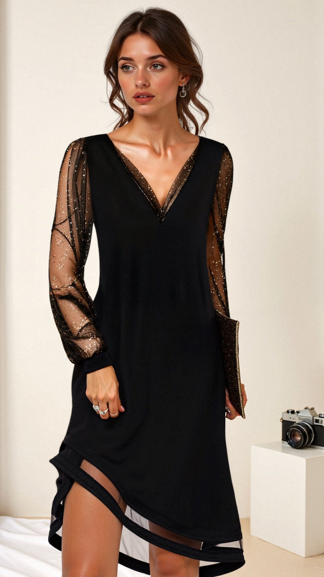 Black Dress | Mesh Sleeve | Long Sleeve | Evening Dress | V-Neck Dress-Fashion Nora
