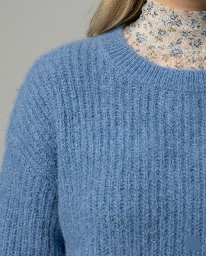 Blue Chunky Knit Sweater | Oversized Fit | Round Neck | Long Sleeve-Fashion Nora