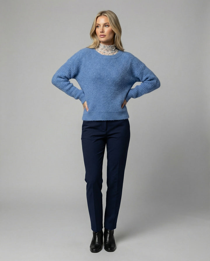 Blue Chunky Knit Sweater | Oversized Fit | Round Neck | Long Sleeve-Fashion Nora