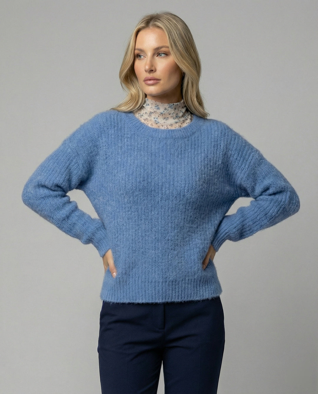 Blue Chunky Knit Sweater | Oversized Fit | Round Neck | Long Sleeve-Fashion Nora