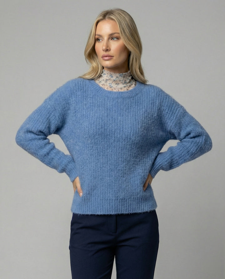 Blue Chunky Knit Sweater | Oversized Fit | Round Neck | Long Sleeve-Fashion Nora