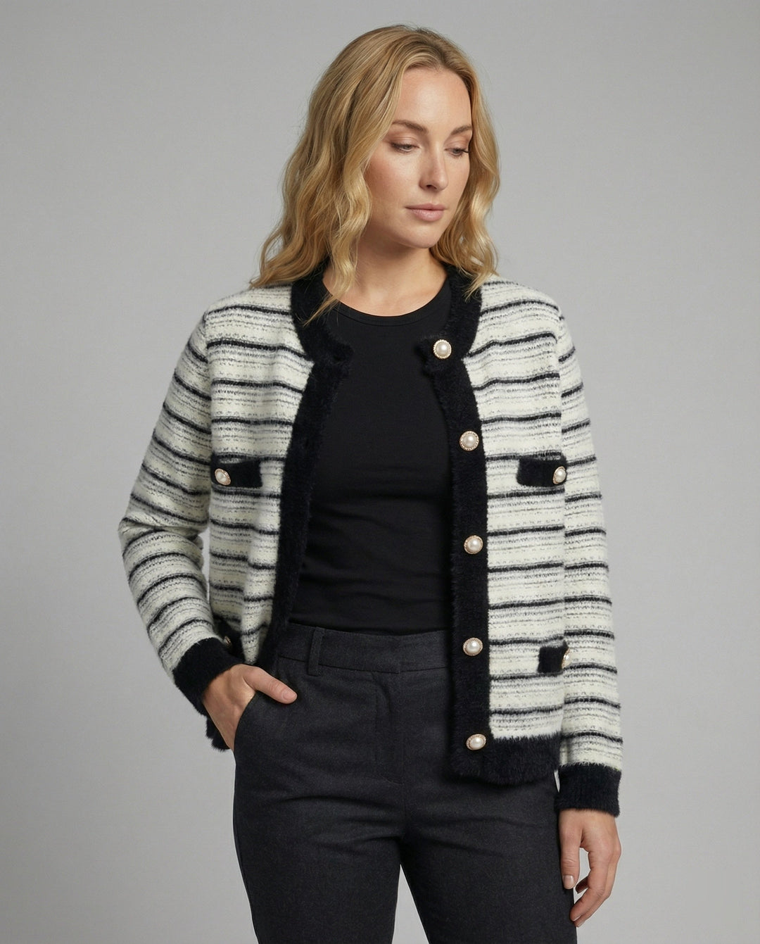 Bouclé Knit Cardigan | Contrast Trim | Pearl Button Placket | Flap Pockets-Fashion Nora