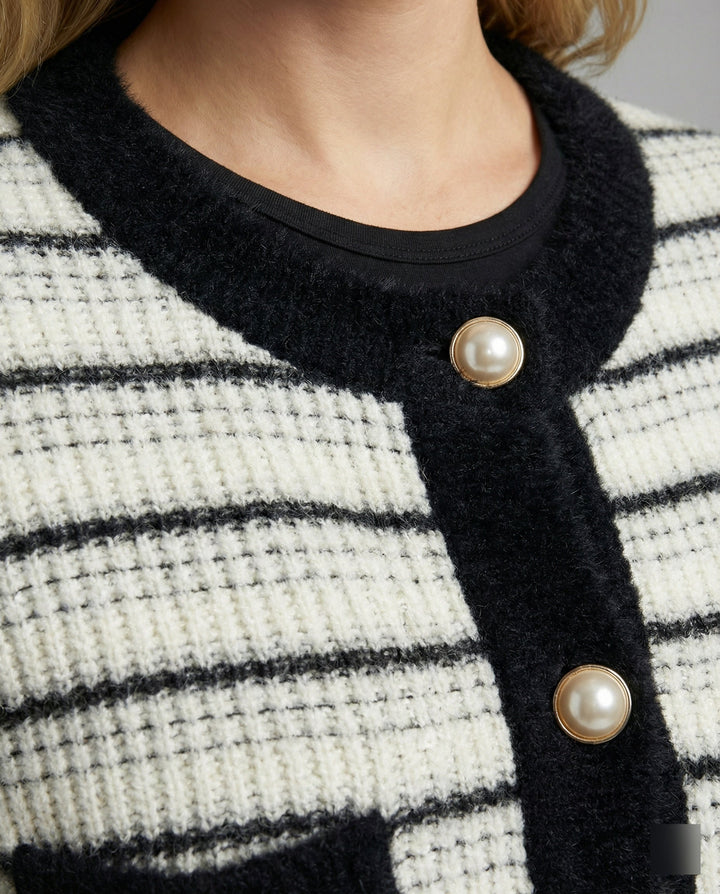 Bouclé Knit Cardigan | Contrast Trim | Pearl Button Placket | Flap Pockets-Fashion Nora