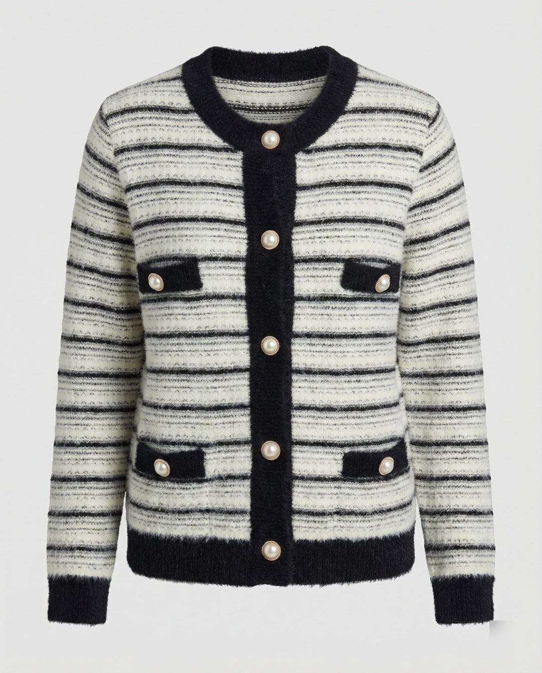 Bouclé Knit Cardigan | Contrast Trim | Pearl Button Placket | Flap Pockets-Fashion Nora