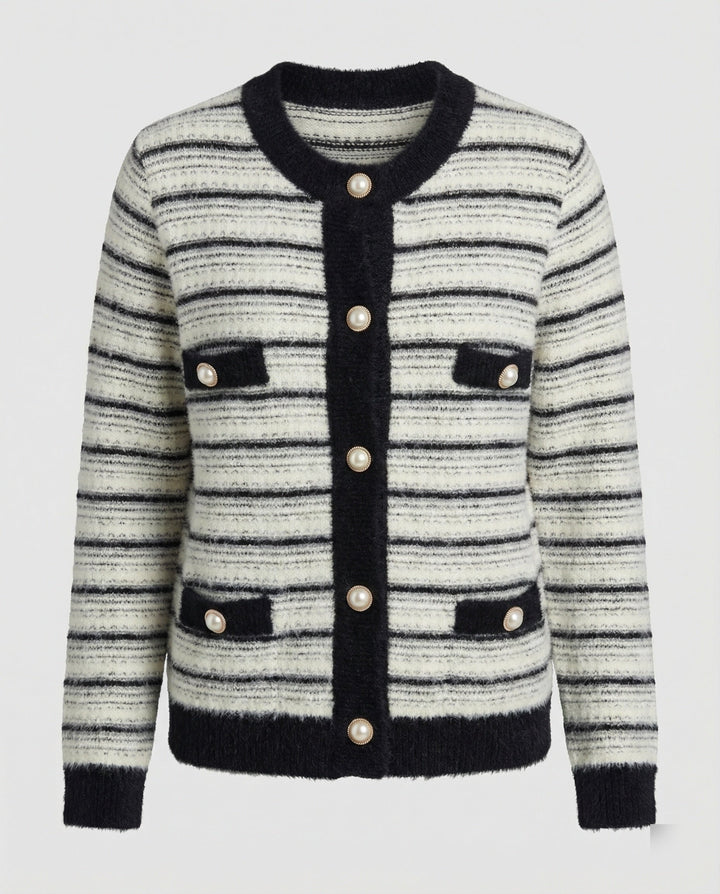 Bouclé Knit Cardigan | Contrast Trim | Pearl Button Placket | Flap Pockets-Fashion Nora