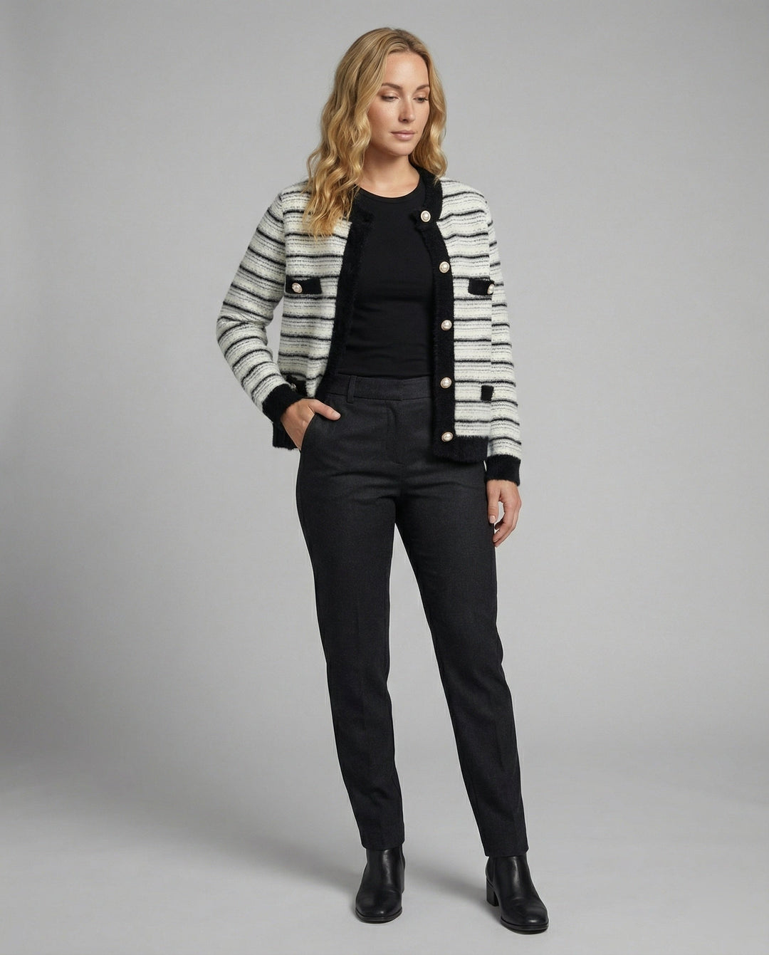 Bouclé Knit Cardigan | Contrast Trim | Pearl Button Placket | Flap Pockets-Fashion Nora