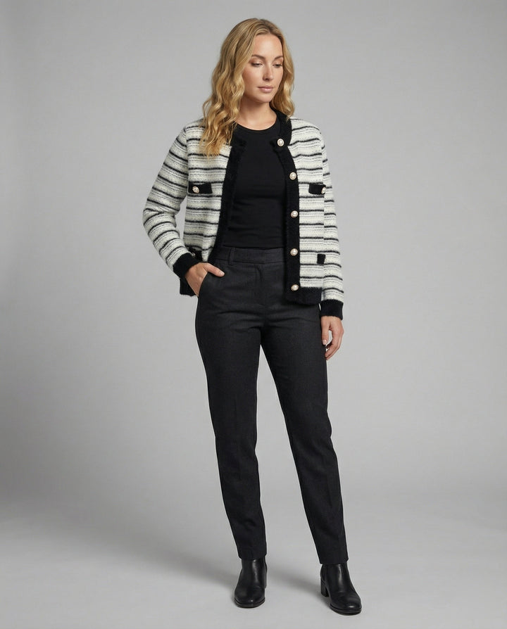 Bouclé Knit Cardigan | Contrast Trim | Pearl Button Placket | Flap Pockets-Fashion Nora
