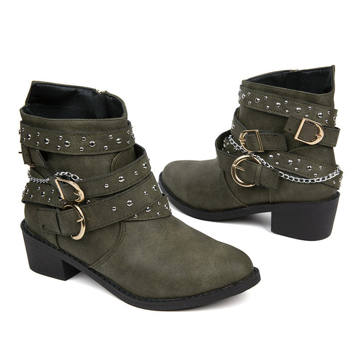 Buckle Ankle Boots | Decorative Studs | Suede Winter Boots-Fashion Nora