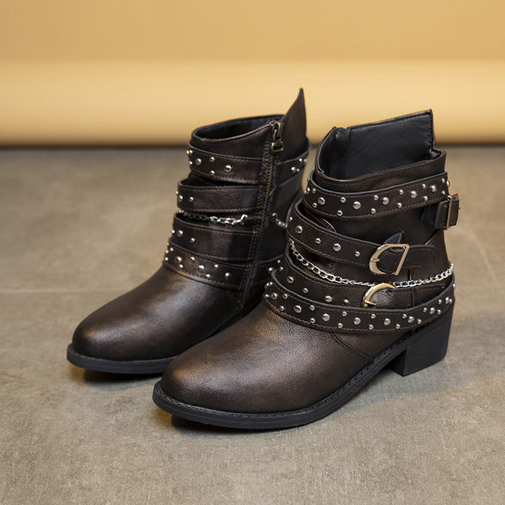 Buckle Ankle Boots | Decorative Studs | Suede Winter Boots-Fashion Nora