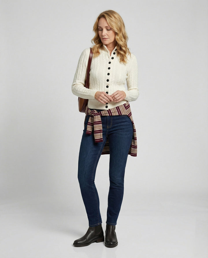 Cable Knit Cardigan | Stand Collar | Button Front Knit Jacket-Fashion Nora