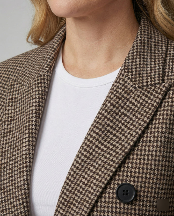 Checked Double-Breasted Blazer | Padded Shoulders | Relaxed Fit | Brown-Fashion Nora