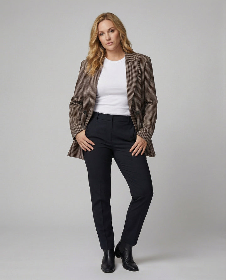 Checked Double-Breasted Blazer | Padded Shoulders | Relaxed Fit | Brown-Fashion Nora
