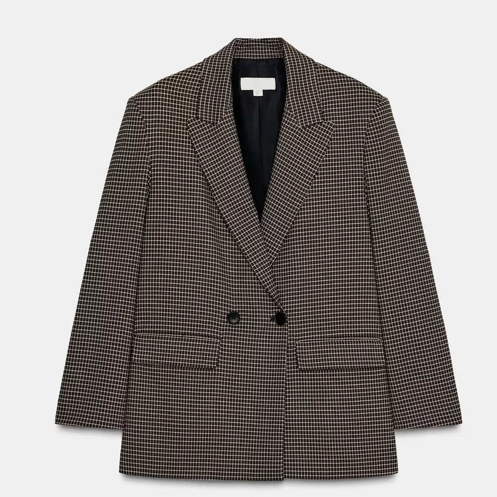 Checked Double-Breasted Blazer | Padded Shoulders | Relaxed Fit | Brown-Fashion Nora