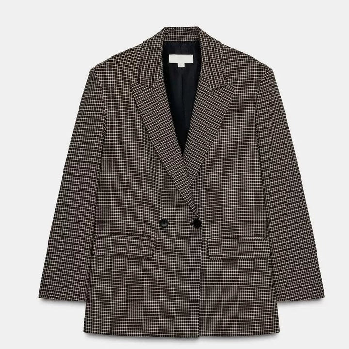 Checked Double-Breasted Blazer | Padded Shoulders | Relaxed Fit | Brown-Fashion Nora